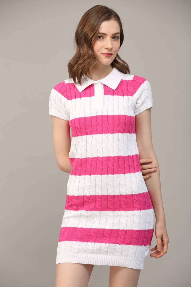 FATE - STRIPE POLO COLLAR SHORT SLV SWEATER DRESS