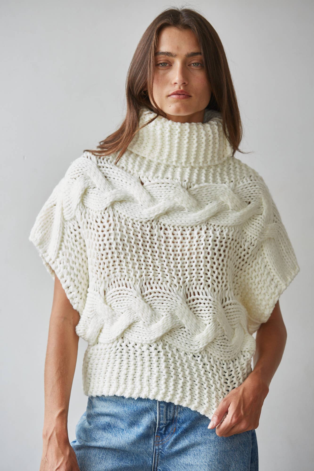 By Together - Knit Sweater Cable Knit Turtle Neck Sleeveless Top