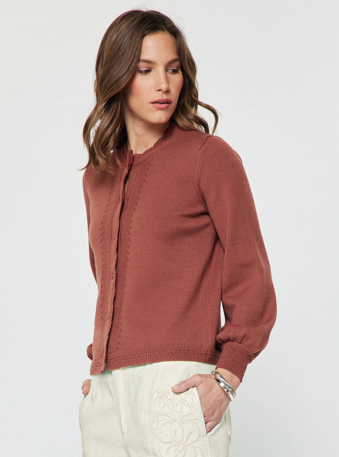Current Air - Pointelle Button Up Long Sleeve Sweater Cardigan