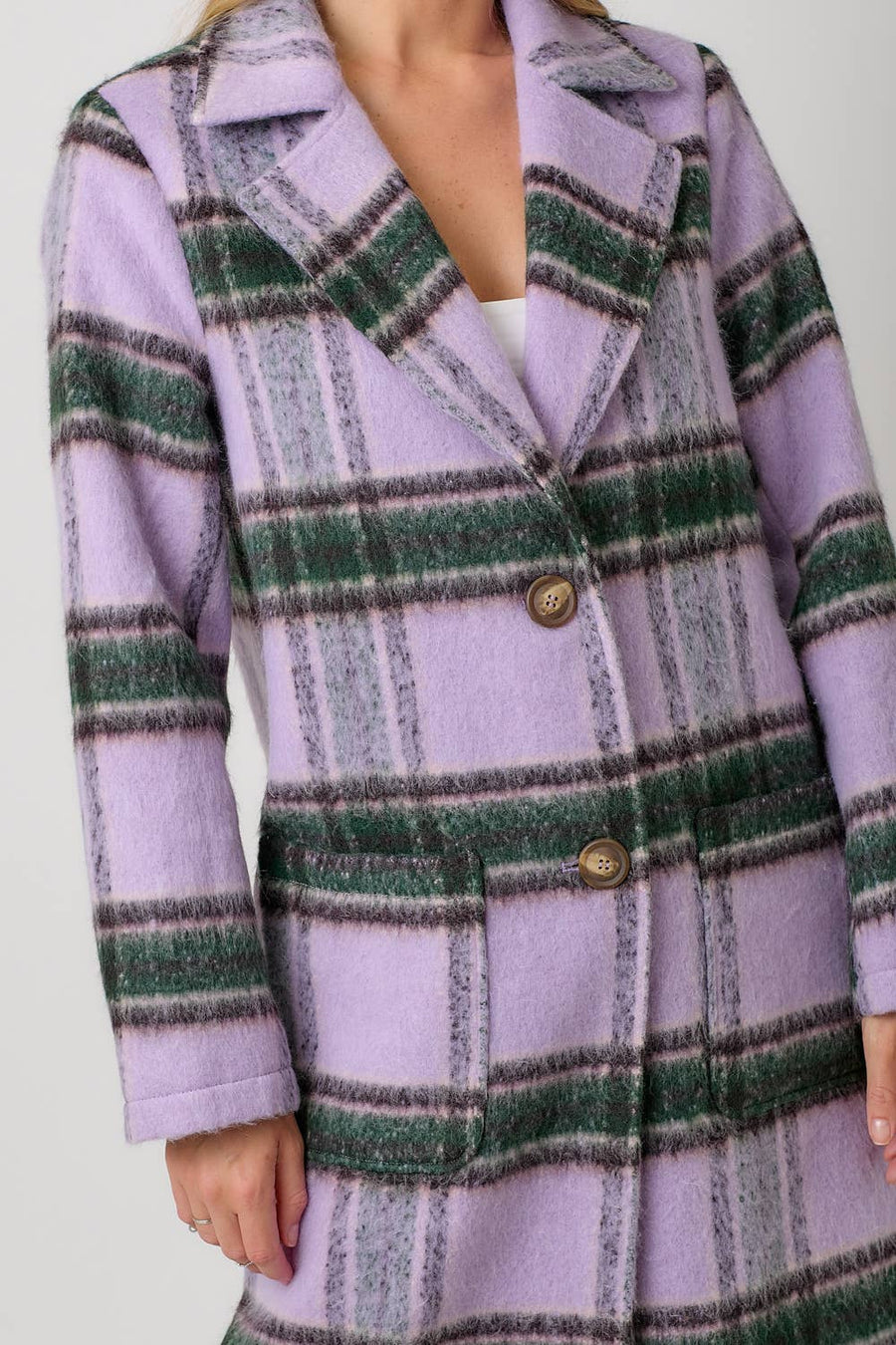 Mystree Fuzzy Plaid Long Coat