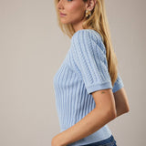 Sunday Edition by LE LIS - ROUND NECK PUFF SHORT SLEEVE CABLE SWEATER