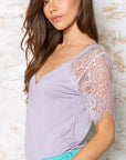 Pol Clothing - 1/2 lace sleeve v-neck tee