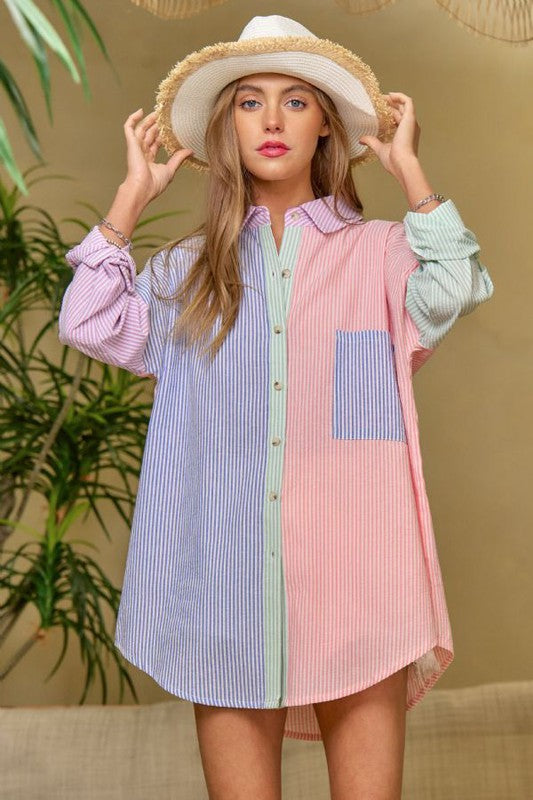 OVERSIZED MULTI COLOR STRIPE BUTTON DOWN, Davi & Dani