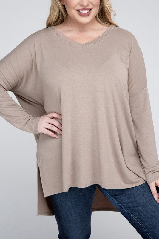 V-Neck Side Slit Hi-Low Hem Top, Various Colors, Zenana (Plus Only)