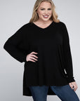 V-Neck Side Slit Hi-Low Hem Top, Various Colors, Zenana (Plus Only)