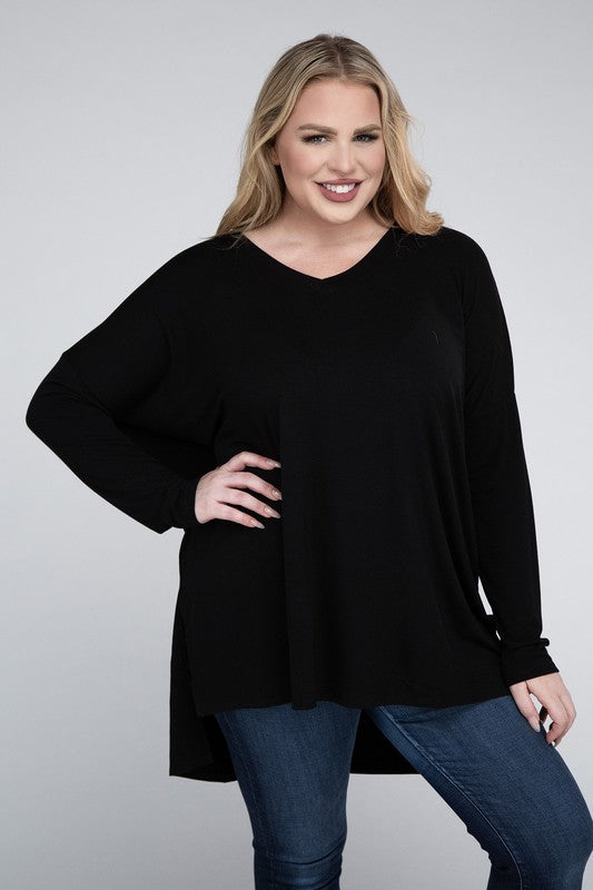 V-Neck Side Slit Hi-Low Hem Top, Various Colors, Zenana (Plus Only)