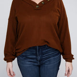 Brushed Waffle V-Neck Button Detail Sweater (Various colors), Zenana, Plus Only