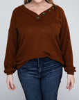 Brushed Waffle V-Neck Button Detail Sweater (Various colors), Zenana, Plus Only