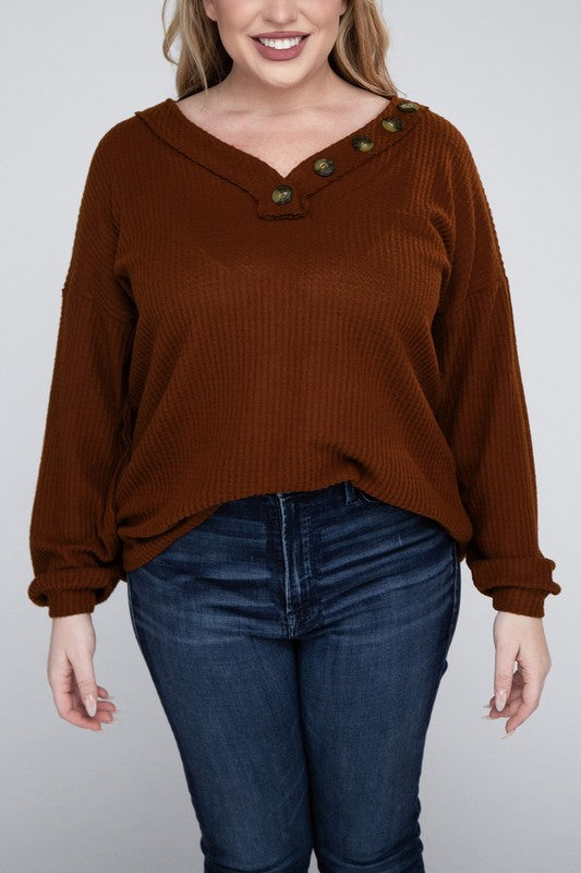 Brushed Waffle V-Neck Button Detail Sweater (Various colors), Zenana, Plus Only