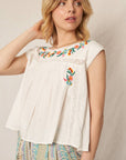 En Crème - Cap Sleeve Floral Embroidered Blouse