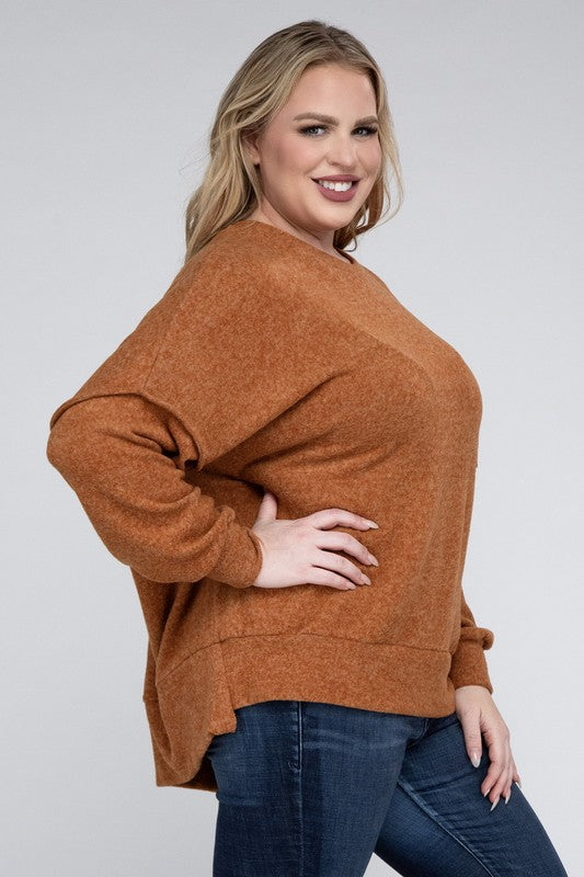 Brushed Melange Drop Shoulder Sweater, Various Colors, Zenana (Plus only)