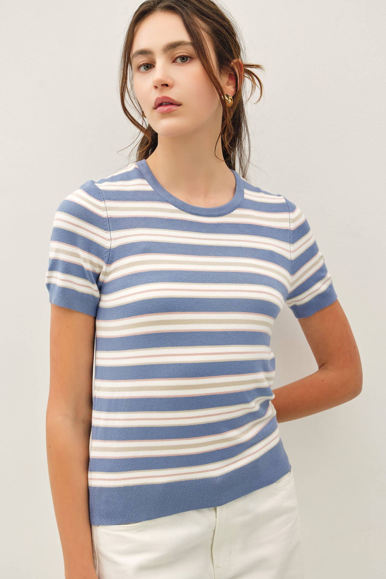 Be Cool - CLASSIC FIT STRIPED SHORT SLEEVE SWEATER TOP