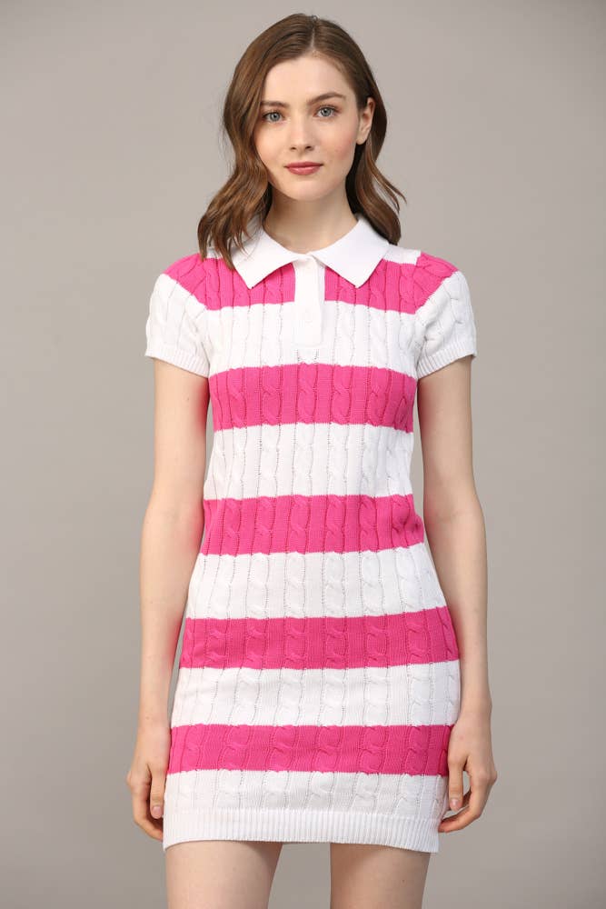 FATE - STRIPE POLO COLLAR SHORT SLV SWEATER DRESS