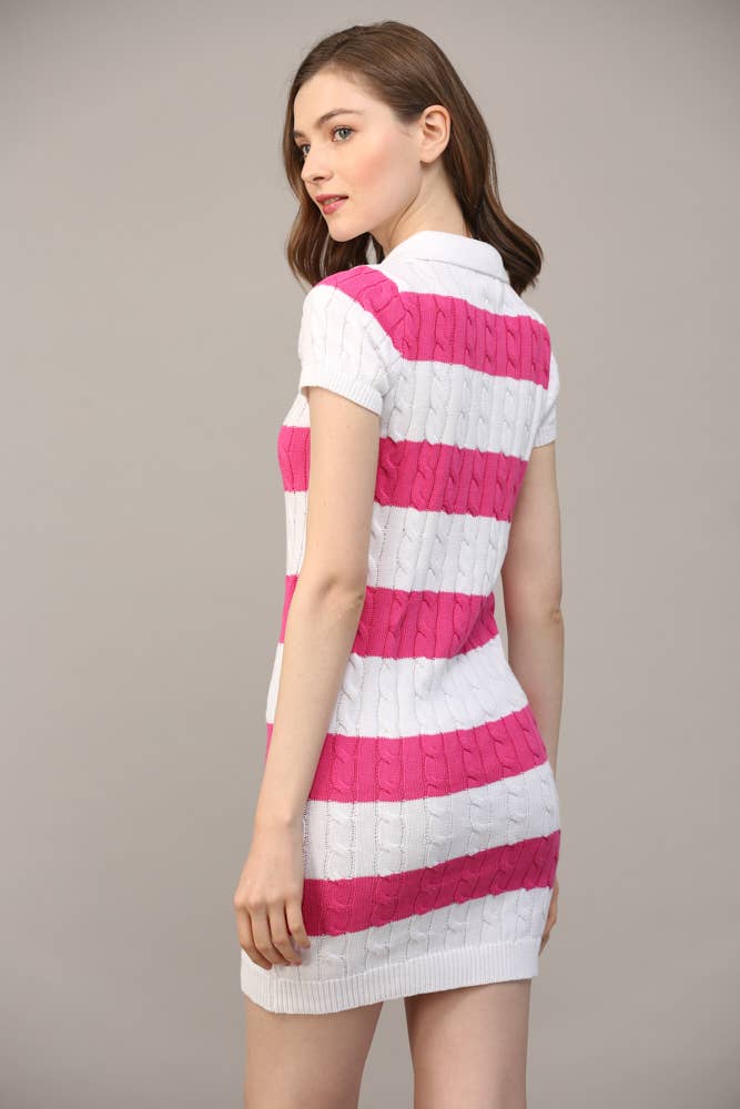 FATE - STRIPE POLO COLLAR SHORT SLV SWEATER DRESS