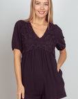 VERY J Lace Detail Puff Sleeve Romper with Pockets