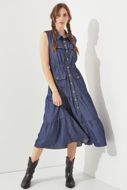 PLUS SLEEVELESS BUTTON DOWN COLLARED DENIM DRESS, Jade by Jane