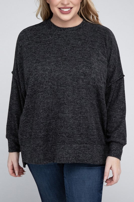 Brushed Melange Drop Shoulder Sweater, Various Colors, Zenana (Plus only)