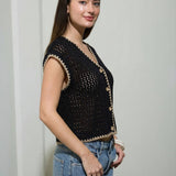 Moon River - CONTRAST STITCH CROCHET KNIT SHORT SLEEVE CARDIGAN