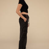Washed Linen Elastic Band Waist Cargo Pants, Zenana (various colors)