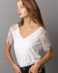 Pol Clothing - 1/2 lace sleeve v-neck tee