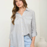 Blu Pepper - STRIPE COLLARED BUTTON DOWN LIGHTWEIGHT SHIRT : BLACK