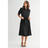FUN2FUN - SATIN PLEATS DETAIL TIE WAIST SHIRT DRESS