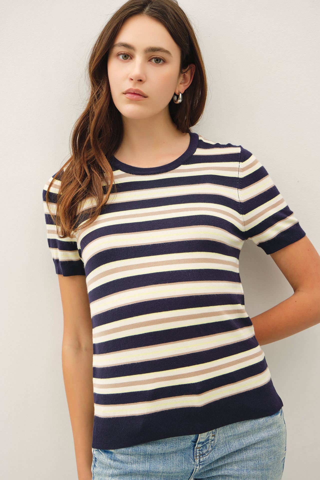 Be Cool - CLASSIC FIT STRIPED SHORT SLEEVE SWEATER TOP