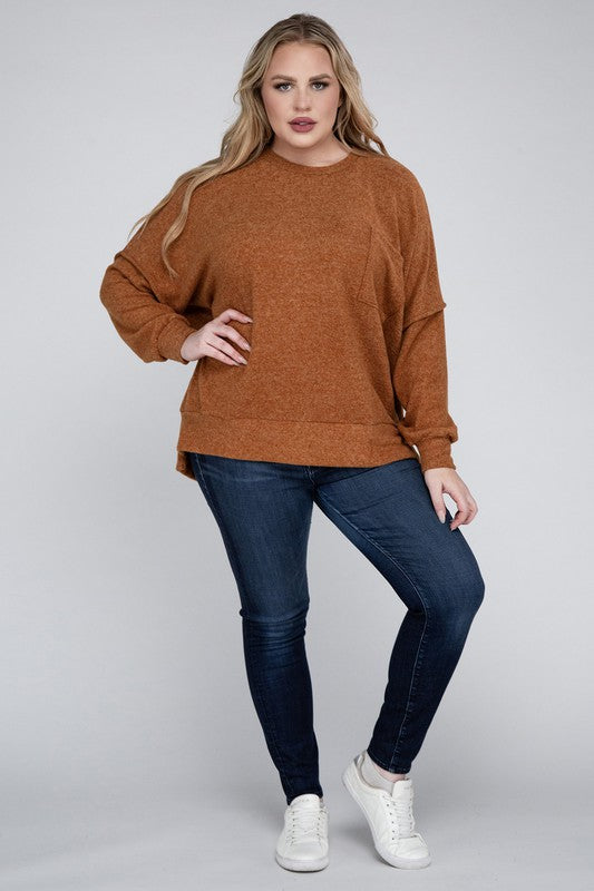 Brushed Melange Drop Shoulder Sweater, Various Colors, Zenana (Plus only)