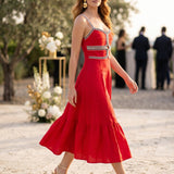 BABY PINK - Sweetheart Neckline Midi Dress with Lace Trim Detai