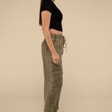 Washed Linen Elastic Band Waist Cargo Pants, Zenana (various colors)