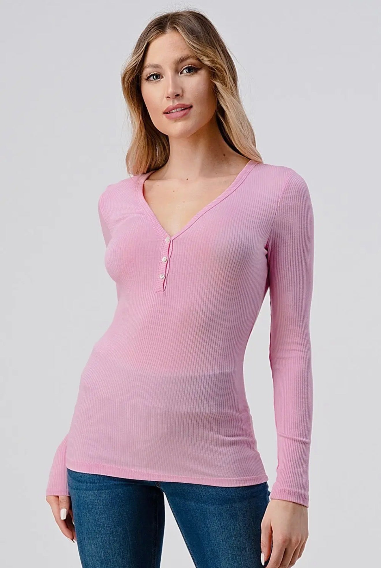 Hashttag - Ribbed Henley Long Sleeve Top