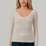 Raglan Deep V Neck Long Sleeve Rib Top, Hashttag