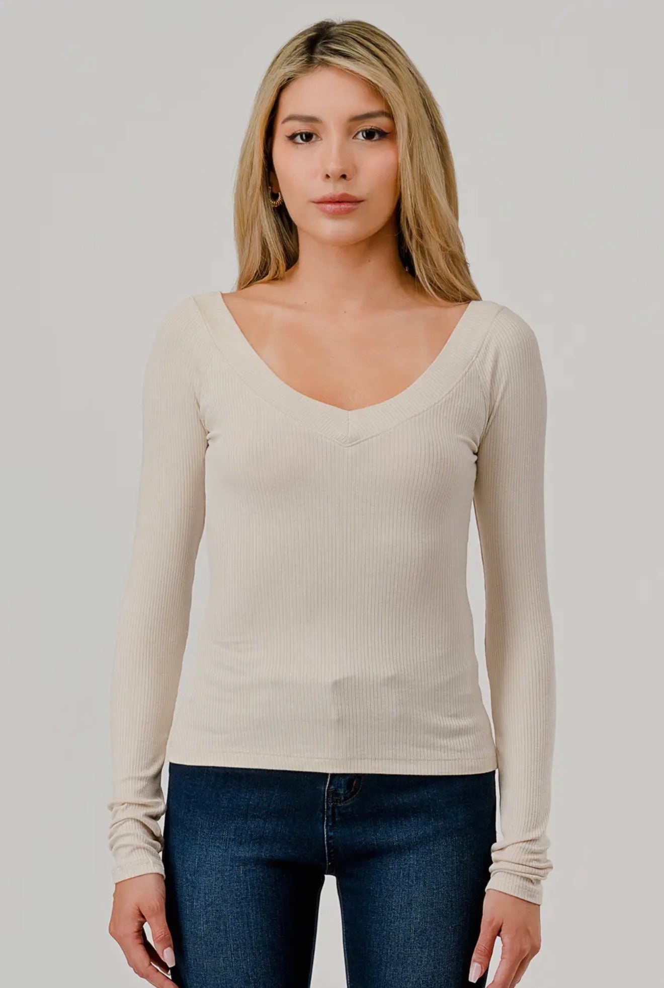 Raglan Deep V Neck Long Sleeve Rib Top, Hashttag
