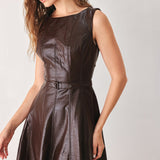 DARK TRUFFLE FAUX LEATHER MIDI DRESS, Flying Tomato (online only)
