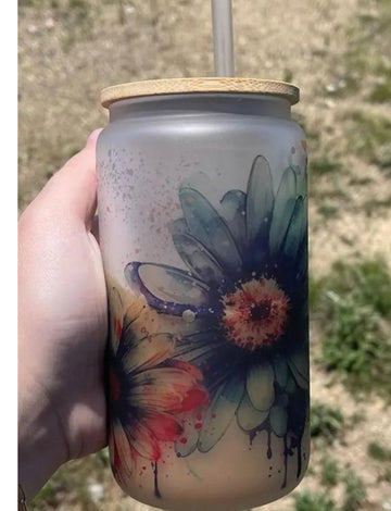 Watercolor Daisy Glass Can