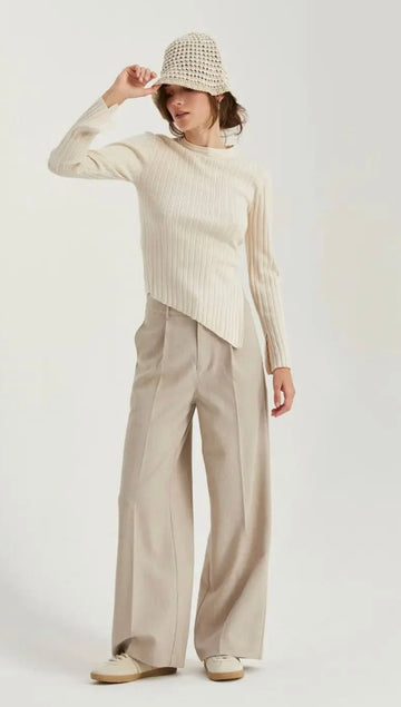 Crescent,  Danielle Rib Knit Asymmetric Hem Top (Cream)