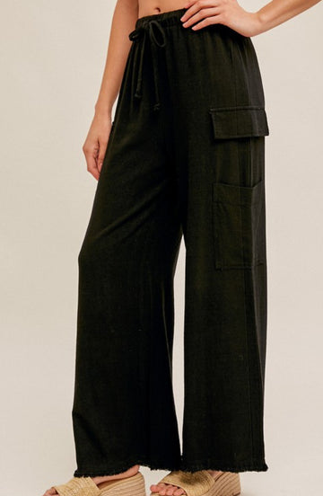 ELASTIC WAIST Fringe Hem Linen Pants in Black, by Hem and Thread