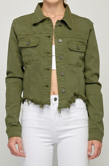 Military Olive Frayed Cropped Fitted Jacket, by Hidden