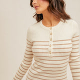 Crewneck Henley in Cream and Taupe Stripe, by Hem and Thread