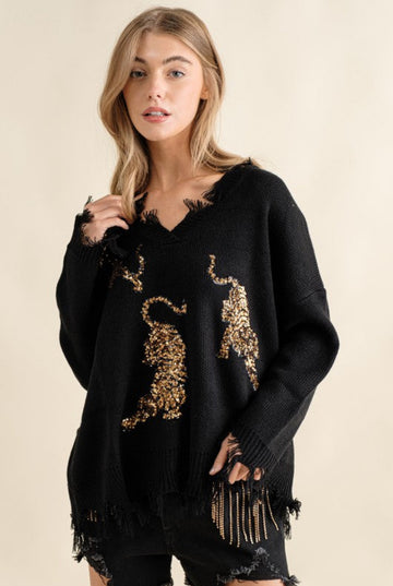 Frayed edge sequin tiger sweater, Blue B