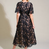 DREAMY BLOSSOM WOVEN LACE MIDI DRESS, Flying Tomato
