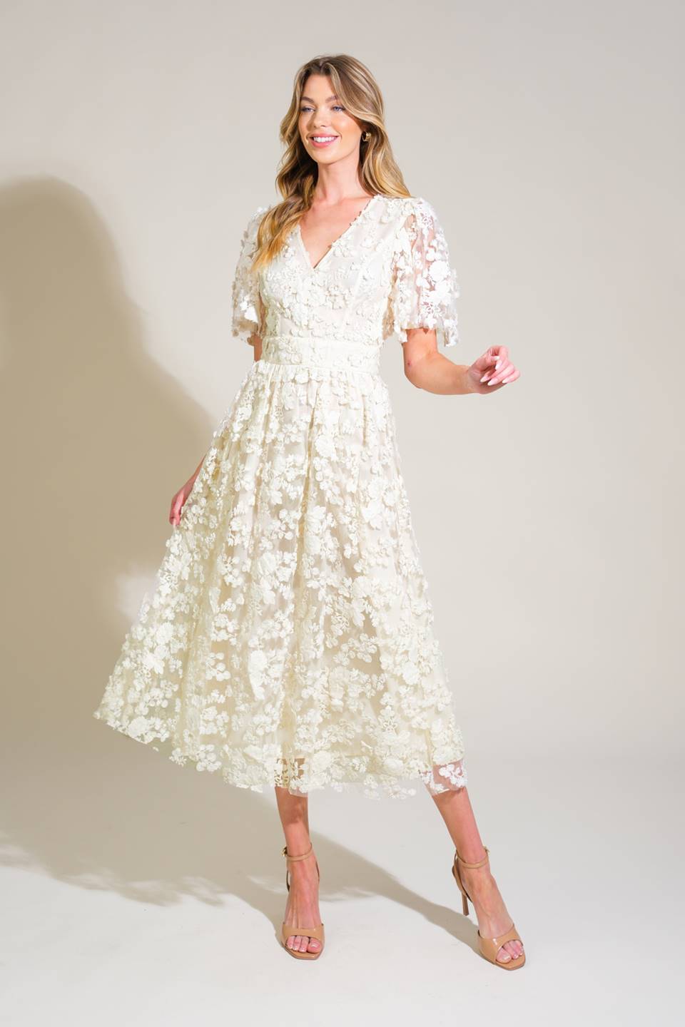 DREAMY BLOSSOM WOVEN LACE MIDI DRESS, Flying Tomato