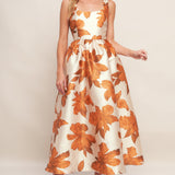 AUTUMNAL FLORAL WOVEN MIDI DRESS, Flying Tomato