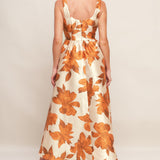 AUTUMNAL FLORAL WOVEN MIDI DRESS, Flying Tomato