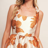 AUTUMNAL FLORAL WOVEN MIDI DRESS, Flying Tomato