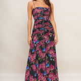 NIGHT FLORIST POWER MESH MAXI DRESS