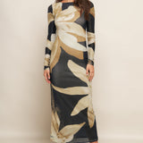 ABSTRACT BOTANICA POWER MESH MIDI DRESS, Flying Tomato