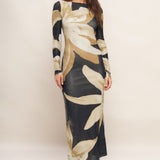 ABSTRACT BOTANICA POWER MESH MIDI DRESS, Flying Tomato