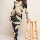 ABSTRACT BOTANICA POWER MESH MIDI DRESS, Flying Tomato
