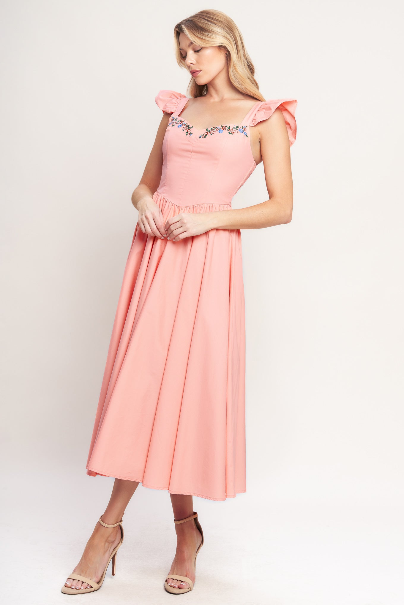 BLUSHED WITH LOVE WOVEN MIDI DRESS, Flying Tomato